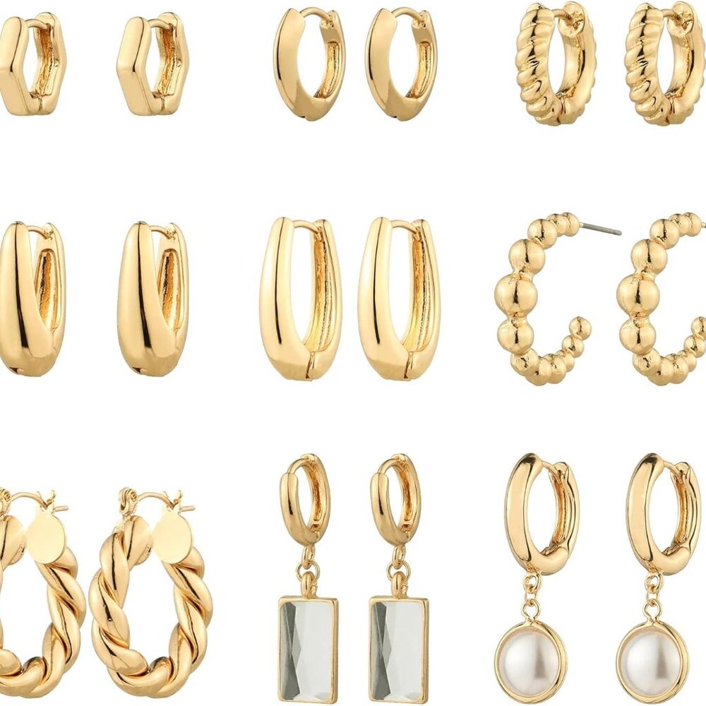 9 Pairs Gold Chunky Hoop Earrings Set for Women, 14K Gold Plated Twisted Huggie